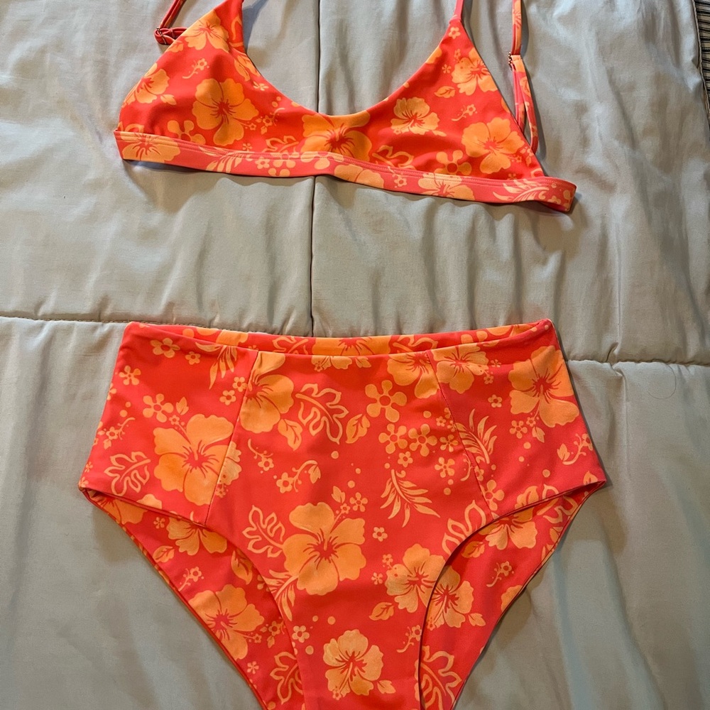 Kulani Kinis Coral and Yellow Floral High-Waist Bikini Set